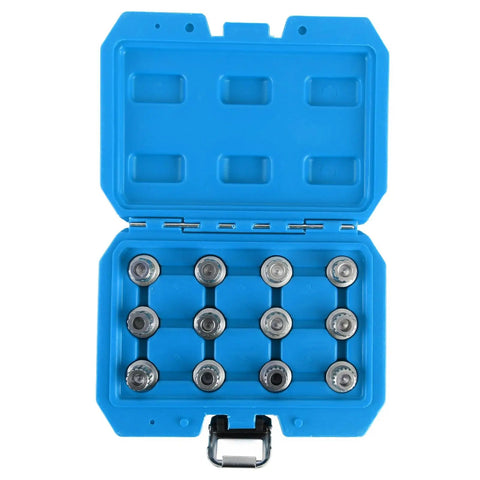 12 Piece Car Spline Bit Set Master Kit With 17mm Wheel Nut Socket for Easy Wheel Nut Removal in durable blue case