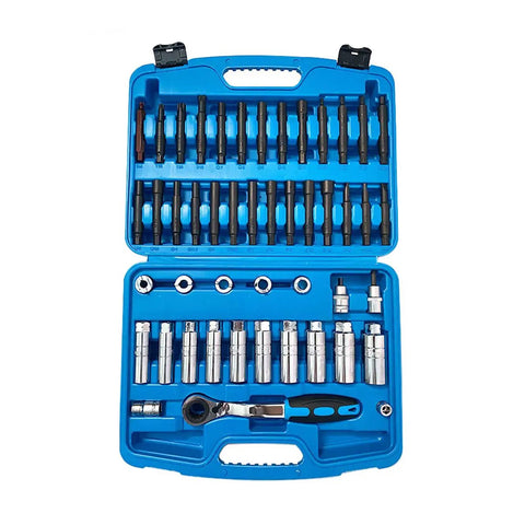 Heavy Duty 47 Piece Shock Absorber Socket Wrench Set With Pass Through Sockets And Nut Removal Tool in blue case