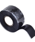 Black roll of Self Fusing Silicone Tape 1 Inch Wide By 16.5 Feet Long, Heavy Duty Leak Proof Waterproof Hose Pipe Repair Tape, close-up view.