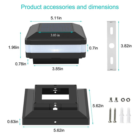 Dimensions and accessories of Solar Post Cap Lights Outdoor No Wiring Deck Lighting 52 LED 160 Lumen for Wooden Posts.