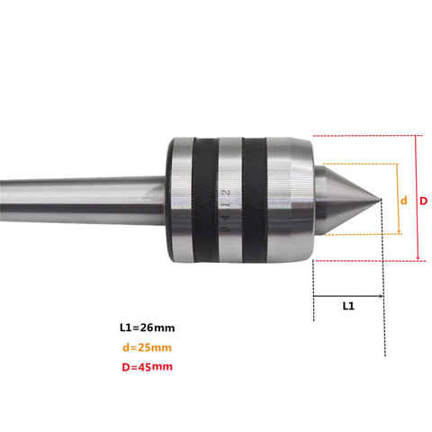 MT2 Live Tailstock Center Medium Duty 2MT For High Speed Turning CNC Work showing side view, 60 degree point, steel build.