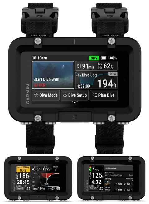 Descent X50i Premium Dive Computer Bundle with 3 inch color touchscreen displaying dive data and charts.
