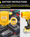 Brushless Leaf Blower Cordless 20V Handheld Jet Fan Turbo Air For Patio And Lawn Care High Speed 30000 RPM Blows Leaves And Dust Fast Quick Drying No Battery Or Charger Included compatibility with DEWALT batteries shown.