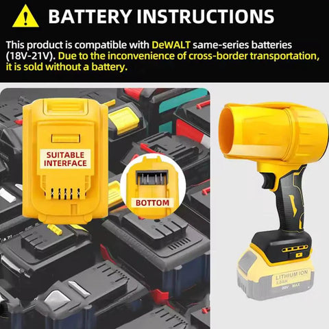 Brushless Leaf Blower Cordless 20V Handheld Jet Fan Turbo Air For Patio And Lawn Care High Speed 30000 RPM Blows Leaves And Dust Fast Quick Drying No Battery Or Charger Included compatibility with DEWALT batteries shown.