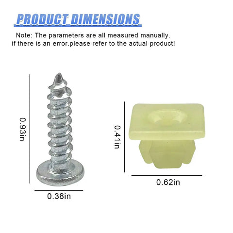 Top Shelf Car License Plate Screw Kit Featuring Hella Tough Self Tapping Bolts And Dependable Fasteners For Zero Hassle Front Rear Vehicle Mounting In Glossy Silver, dimensions of screw and base shown.