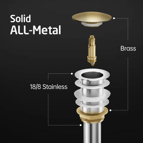 Pop Up Drain Without Overflow For Vessel Sinks, 2 Pack Polished Chrome Stopper, All Metal Rustproof Brass And 304 Stainless Steel, Fits 1.6 To 1.9 Inch Sink Holes, Easy Install, S2008D-CH-P2, exploded view showing solid all-metal construction