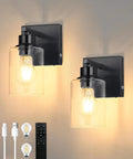 Cordless Battery Wall Sconces Set Of Two With Remote Control Black Usb C Rechargeable Indoor Lighting No Drilling Required Completely Wire Free Renter Friendly Setup, showcasing two glass wall lights with remote control.