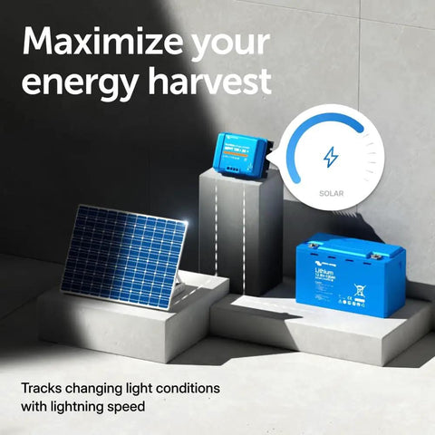 Setup with SmartSolar MPPT Charge Controller With Bluetooth For 100V 12/24V Systems, 30 Amp Output, solar panel, and battery
