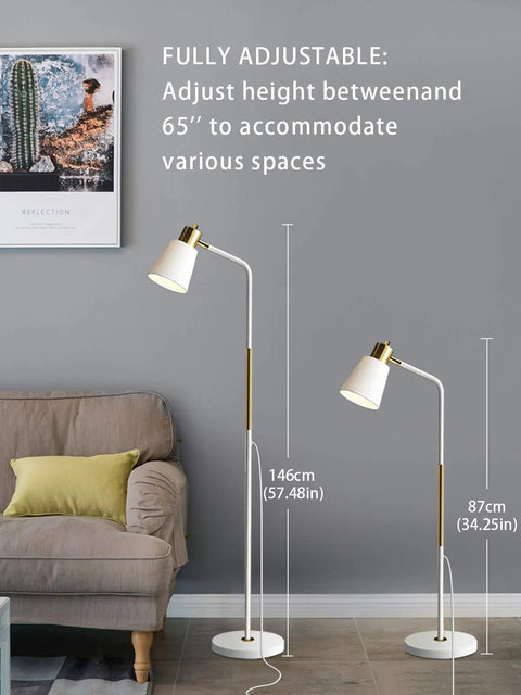 Two white finish industrial floor lamps with rustic farmhouse vibe, adjustable metal heads, 3-level dimming, heights 34.25 to 57.48 inches