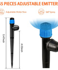 Close-up of 55 Piece Drip Emitter Stakes Kit With 360 Degree Adjustable Flow Fan Sprayer showing adjustable spray on a 5-inch stake.