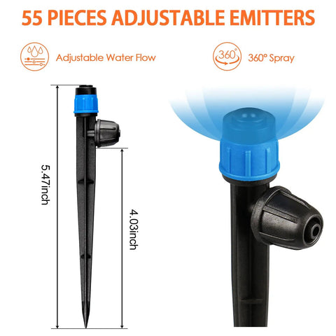 Close-up of 55 Piece Drip Emitter Stakes Kit With 360 Degree Adjustable Flow Fan Sprayer showing adjustable spray on a 5-inch stake.