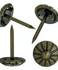 Top Notch Antique Brass Upholstery Tacks Hella Sturdy Daisy Pattern Nails For Diy Furniture Makeover Sweet Home Decor Trim showing detailed design and sharp point.