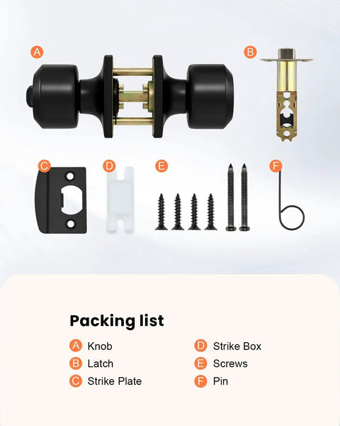 Components of Six Pack Matte Black Interior Door Knobs With Privacy Function For Bedroom Or Bathroom, labeled packing list.