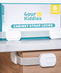 Six Pack Kid Safe Cabinet Locks For Cabinets And Drawers With Extra 3M Adhesives shown on packaging and a wooden cabinet
