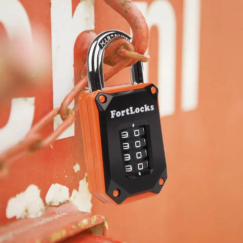 Orange 2 Pack 4-Digit Combination Pad Locks Heavy Duty Waterproof Resettable Security Latches For Gym Bags Luggage Lockers With Hardened Steel Shackle And Zinc Alloy Body secured on a gate.