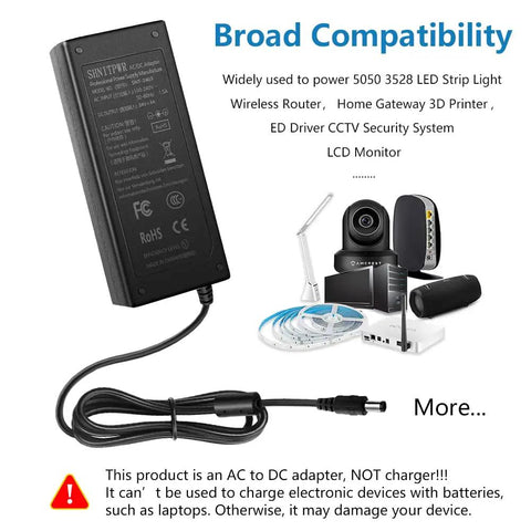 Six Pack 24V Power Supply 3A 72W AC DC Adapter with 5.5x2.5mm plug shown with compatible devices like CCTV camera and LCD monitor