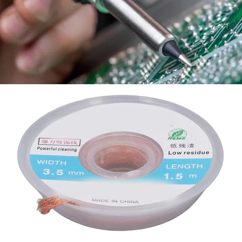 Desoldering Solder Wick Braid For Easy PCB And BGA Cleaning, 3.5 Millimeter Wide By 1.5 Meter Long, Five Piece Wick Set, copper wire visible.