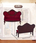 Image of a 1:12 Scale Dollhouse Furniture Set Vintage Red Wooden Carved Sofa with measurements shown.