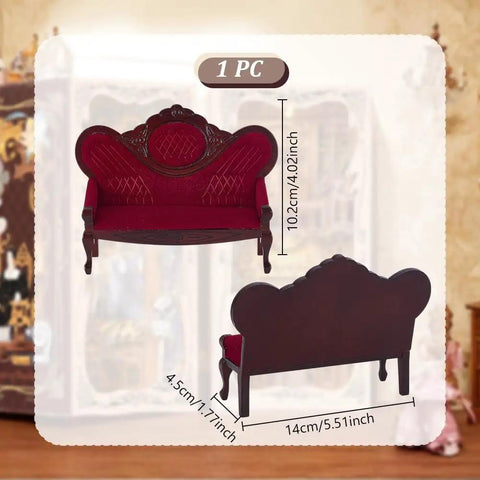 Image of a 1:12 Scale Dollhouse Furniture Set Vintage Red Wooden Carved Sofa with measurements shown.