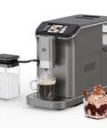 Slick Fully Automatic Espresso Machine With Built In Grinder And One Touch Milk Frother For Lattes And Cappuccinos brewing coffee.