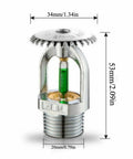 Six Pack Tough As Nails Upright Fire Sprinkler Heads Quick Trigger Response Half Inch Thread Solid Nickel Plated Copper 93 Degree Activation Workhorse Kitchen And Boiler Shield sprinkler head close-up with dimensions