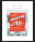 Heavy Duty Steel Fastener Pack With Assorted Nails Tacks Brads And Smooth Shank Screws in a clear plastic container.
