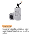 CBB60 Run Capacitor 16uF 450V AC For Motors 50/60Hz 38mm By 70mm Cylindrical Capacitor Metallized Polypropylene Film High Quality Shell Tolerance 5 Percent Boss Grade Built For Appliances And HVAC Fans, white cylindrical capacitor with wires