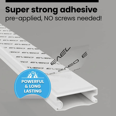 Close-up of TV Cord Hider Kit 34 Inch White Peel And Stick Cable Concealer showing adhesive backing and no-screw design.