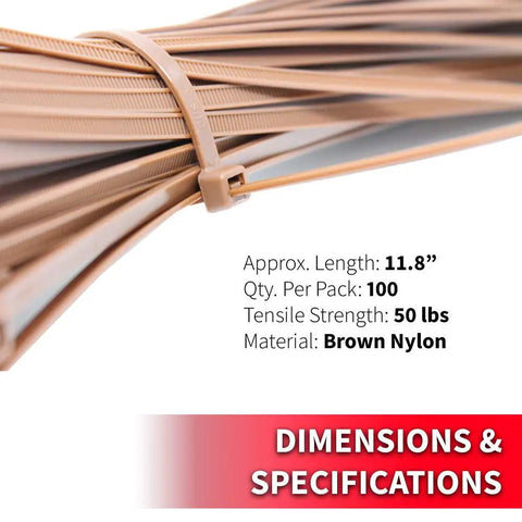 Standard Duty Self-Locking UV Nylon Cable Ties For Indoor Use 11.8 Inch 50 Lb Tensile Brown Nylon 100 Pack Perfect For Home Garage Shop Organization Gardening Electrical Installations Indoor Outdoor Projects