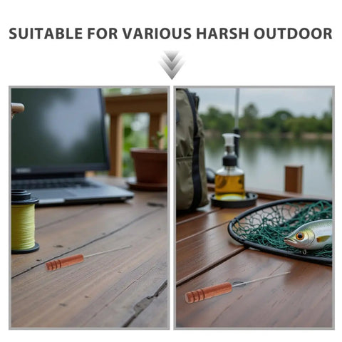 Stainless Steel Baiting Needle Tool With Nonslip Wood Handle For Threading Worms And Hooks Keeps Your Hands Safe And Goes Handy For Outdoor Carp And Lake Fishing Rig Work, on wooden table
