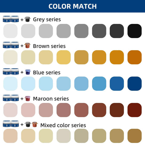 Color swatch chart showing options in Fiberglass Boat Repair Kit Color Match Gel Coat For Boats, Marine Epoxy Filler For Hulls.