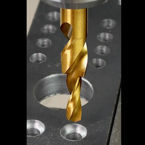 Two-stage step drill bit, gold titanium-coated stainless steel; 3.4–6.5 mm diameter for countersinking and chamfering holes