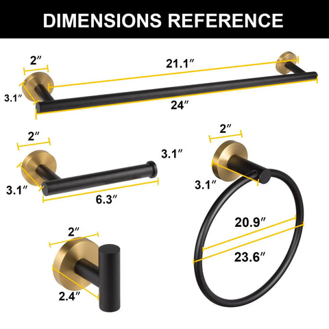 Dimensions of Five Piece Black And Gold Stainless Steel Bathroom Hardware Set with towel bar, ring, holder, hooks.