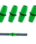 Fresh 2026 Expandable Garden Hose Repair Kit Featuring Four Durable Dual Channel Female Male Connectors To Fix Leaks Instantly For 25 50 75 And 100 Ft Retractable Water Hoses Saving You Major Cash On New Equipment. Four green hose connectors and repaired expandable hose