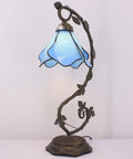 Blue Tiffany Style Stained Glass Table Lamp With Metal Leaf Base, Desk Reading Light For Small Spaces, 21 Inch Tall, 8 Inch Wide Shade, Bronze Finish, UL Listed, S701 Series Decor Lamp