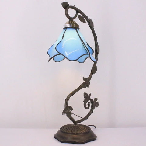 Blue Tiffany Style Stained Glass Table Lamp With Metal Leaf Base, Desk Reading Light For Small Spaces, 21 Inch Tall, 8 Inch Wide Shade, Bronze Finish, UL Listed, S701 Series Decor Lamp