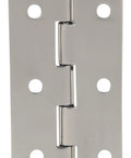 Built Tough Stainless Steel Continuous Hinge With Slick Mirror Finish Heavy Duty Folding Cabinet Hardware For Cupboards Pianos And Wood Box Doors Rock Solid Construction And Seamless Operation close-up view with visible screw holes.