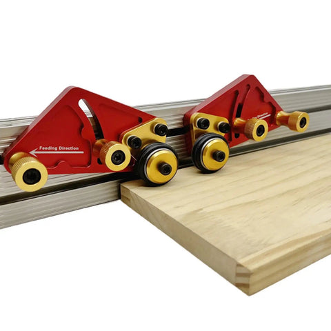 Badass Adjustable Roller Featherboard Rock Solid Aluminum Woodworking Feed Guide With Slick Polyurethane Wheels For Table Saw Router And Band Saw Operation on adjustable track with wood piece.