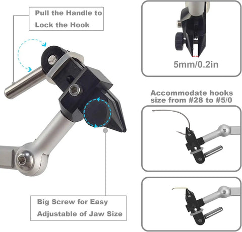Top Shelf Rotary Fly Tying Vise With True Dual Bearing Spin And Heavy Duty Carbon Steel Jaws close-up of adjustable jaw for hooks from #28 to #5/0.