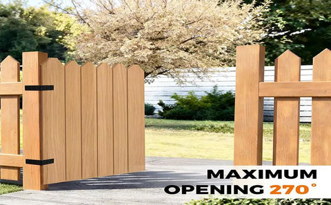 Tough As Nails Steel Gate Hinges For Outdoor Wood Fences With Dead Simple Mount Bracket And Hella Smooth Black Finish 270 Degree Swing shown on wooden gate.