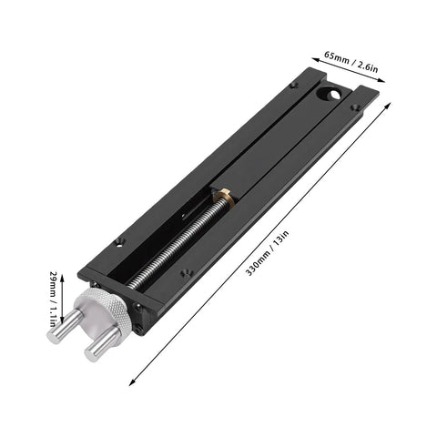 Workhorse Woodworking Bench Tail Vise Built Like A Tank Solid Aluminum End Clamp With Stainless Screw For 20 MM Holes showing dimensions and detailed view.