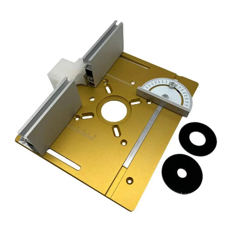 Heavy Duty Aluminum Router Table Insert Plate With Precision Center Bushing For Rock Solid Professional Woodworking Milling And Slick Flip Board Trimming Shop Rig shown from above with angle gauge and discs.