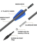 Adder 7.5 Inch Carbon Crossbow Bolts With 2 Inch Vanes 10 Pack featuring moon nock, aluminum insert, and screw-in point diagram