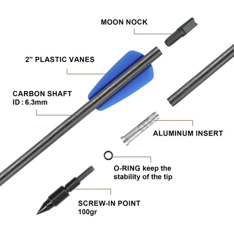 Adder 7.5 Inch Carbon Crossbow Bolts With 2 Inch Vanes 10 Pack featuring moon nock, aluminum insert, and screw-in point diagram