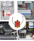 Heat Activated Auto Fire Extinguisher Sticker For Car Engine And Electric Battery Bay shown in installation scenarios.