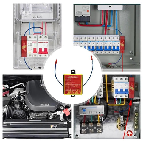 Heat Activated Auto Fire Extinguisher Sticker For Car Engine And Electric Battery Bay shown in installation scenarios.