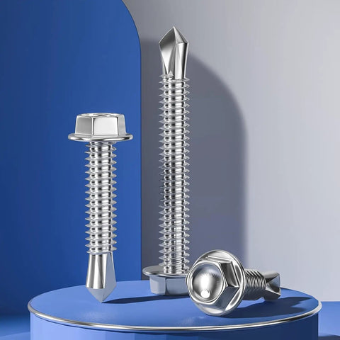 Size 12 By 3 Inch Hardened 410 Stainless Steel Self Drilling Screws Heavy Duty Slick Threading on display for quick fastening.