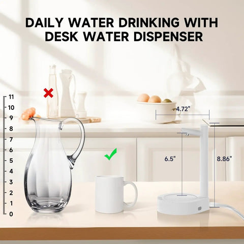 5 Gallon Desktop Water Dispenser With Portable Pump Countertop Electric Water Pump For Home Office Desk And Outdoor Use USB C Fast Charging Compact Cool White shown on a kitchen counter next to a jug and mug.