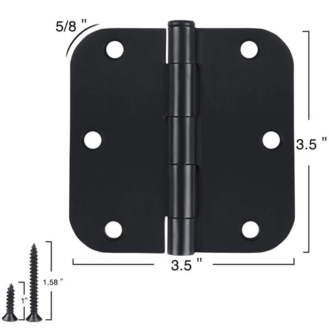Heavy Duty Matte Black Door Hinges 3.5 Inch showing dimensions and screws for interior doors and cabinet makeovers.