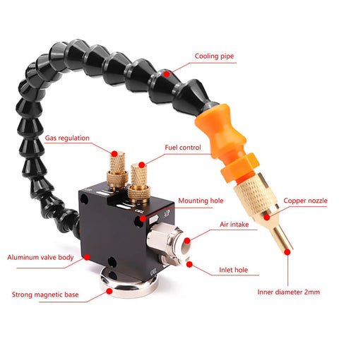 Heavy Duty Acid Resistant Coolant Sprayer With Adjustable Nozzle And Slick Mist Setup For Drill Presses and Workshop Lubrication showing copper nozzle and cooling pipe.